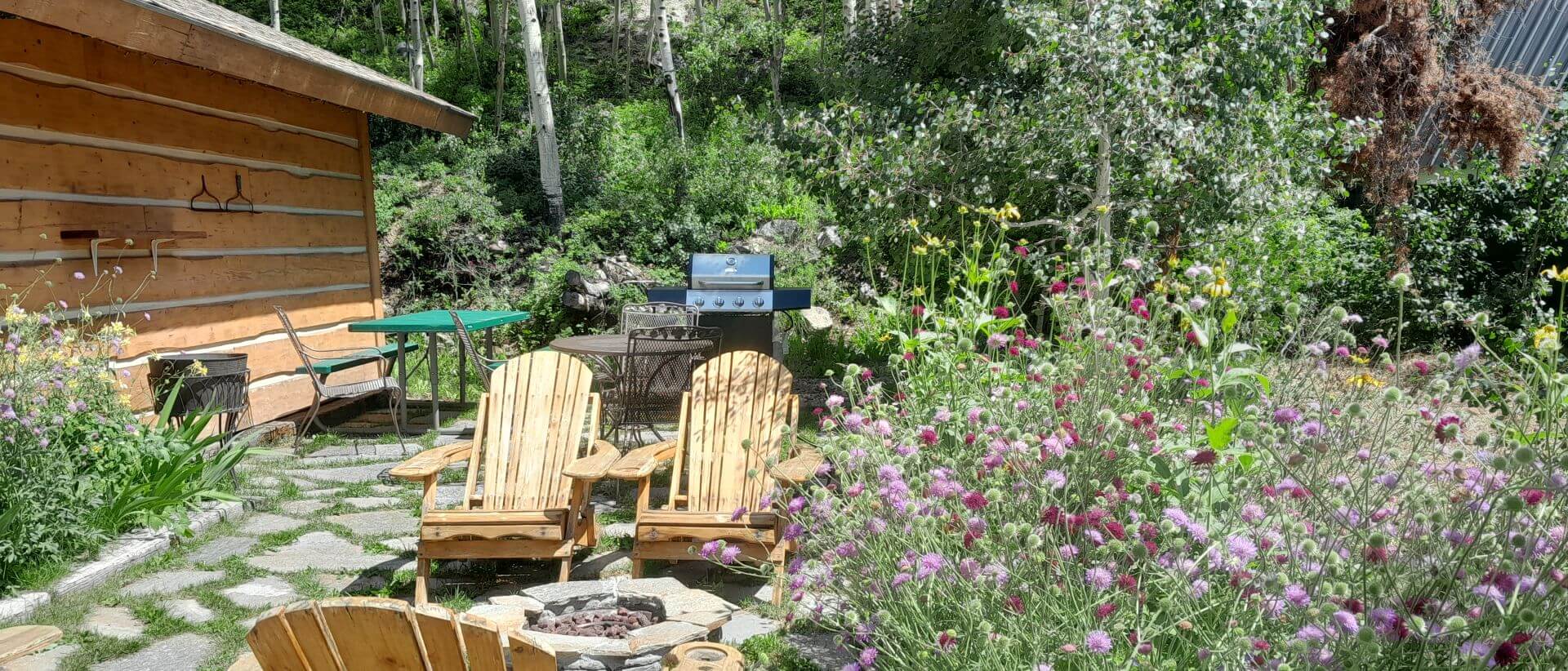 Stone patio with wildflowers, Aspen trees, chairs and stone firepit.